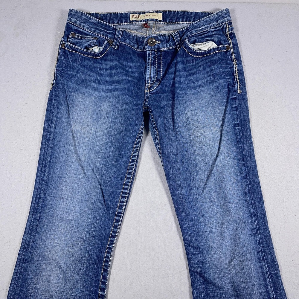 BKE Star Flare Jeans Womens 32x35.5 Blue Distressed Denim Bootcut Low Rise‎ - Picture 2 of 13